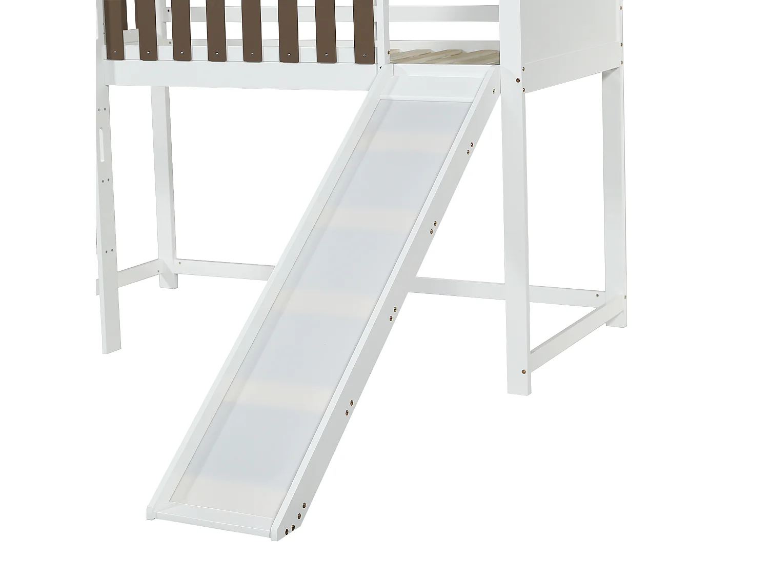 Lit mezzanine 90x200 cm avec échelle et toboggan - en bois de pin et MDF - Blanc & Marron