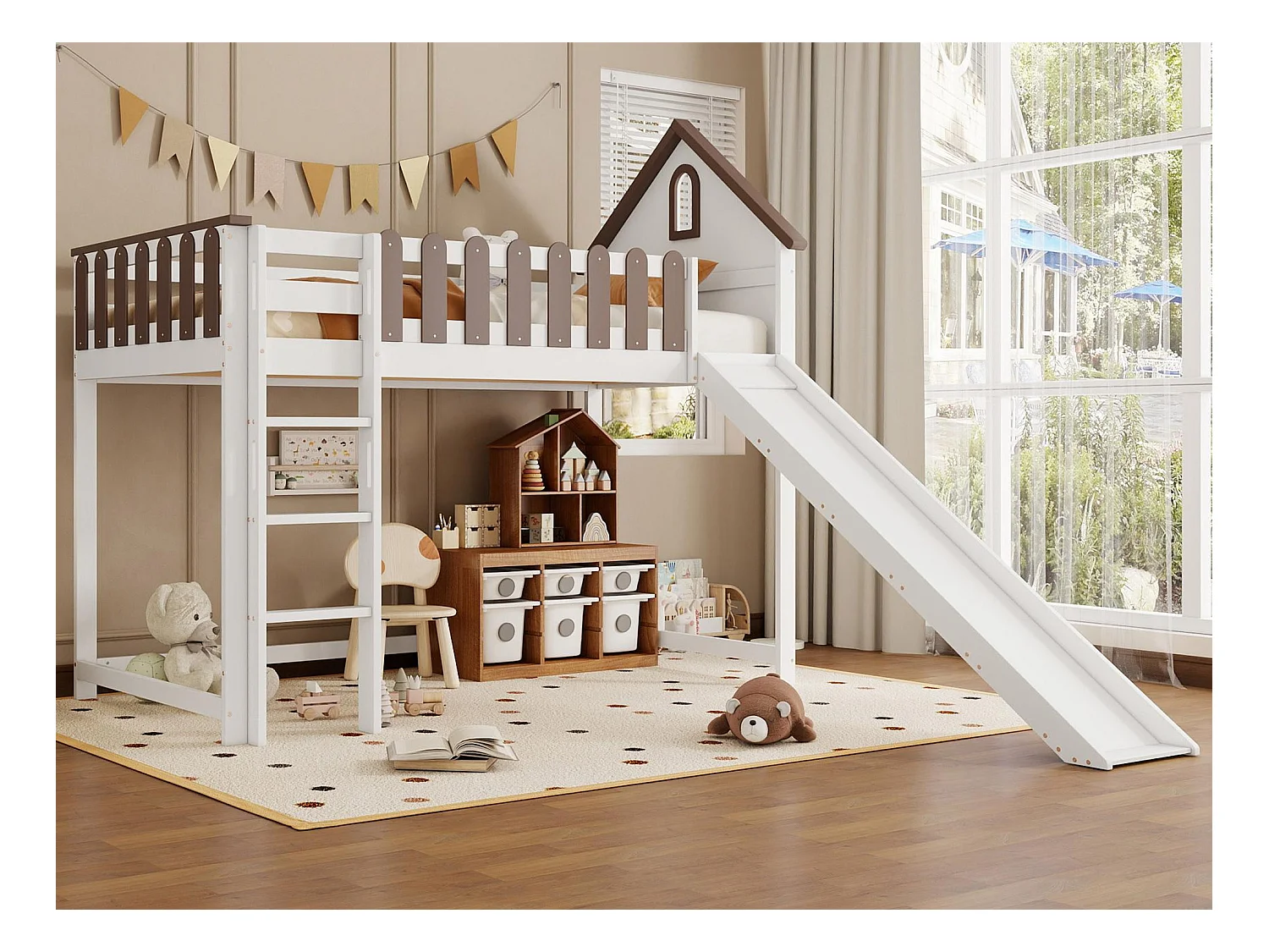 Lit mezzanine 90x200 cm avec échelle et toboggan - en bois de pin et MDF - Blanc & Marron