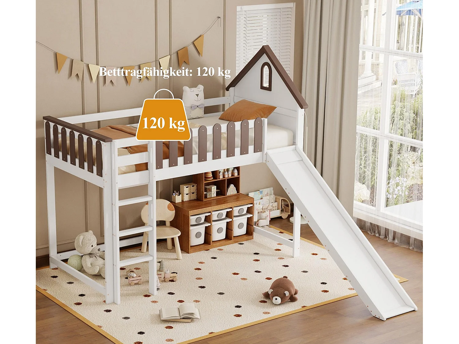 Łóżko mezzanine 90x200 cm z drabiną i zjeżdżalnią - z drewna sosnowego i MDF - Białe i Brązowe