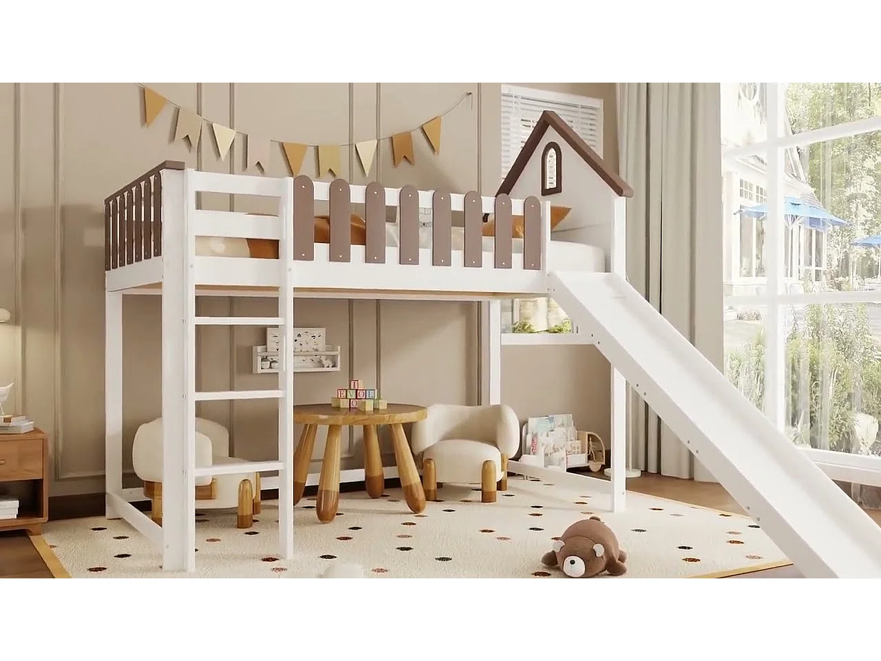 Hoogslaper 90x200 cm met ladder en glijbaan - in grenenhout en MDF - Wit & Bruin