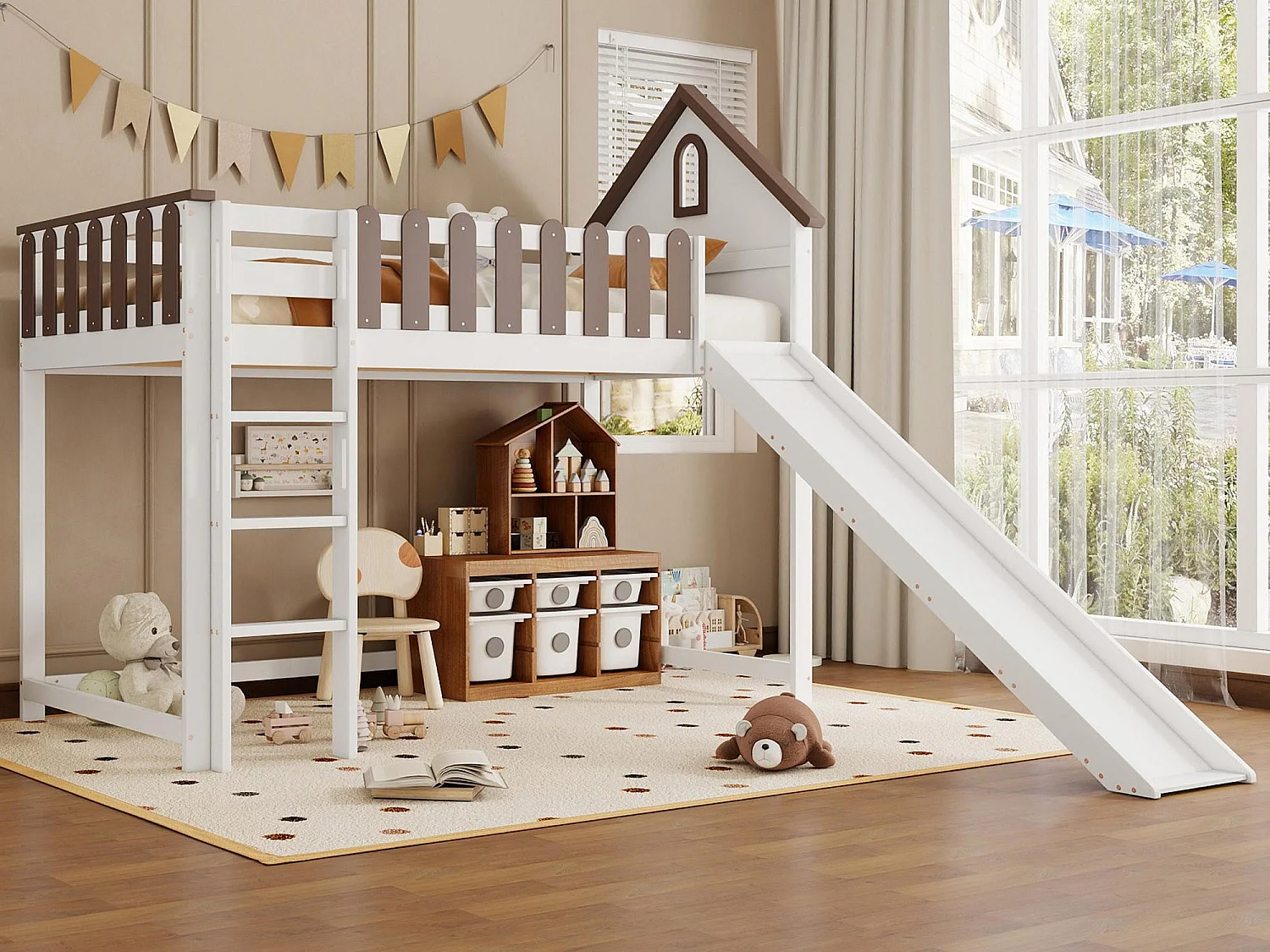 Hoogslaper 90x200 cm met ladder en glijbaan - in grenenhout en MDF - Wit & Bruin