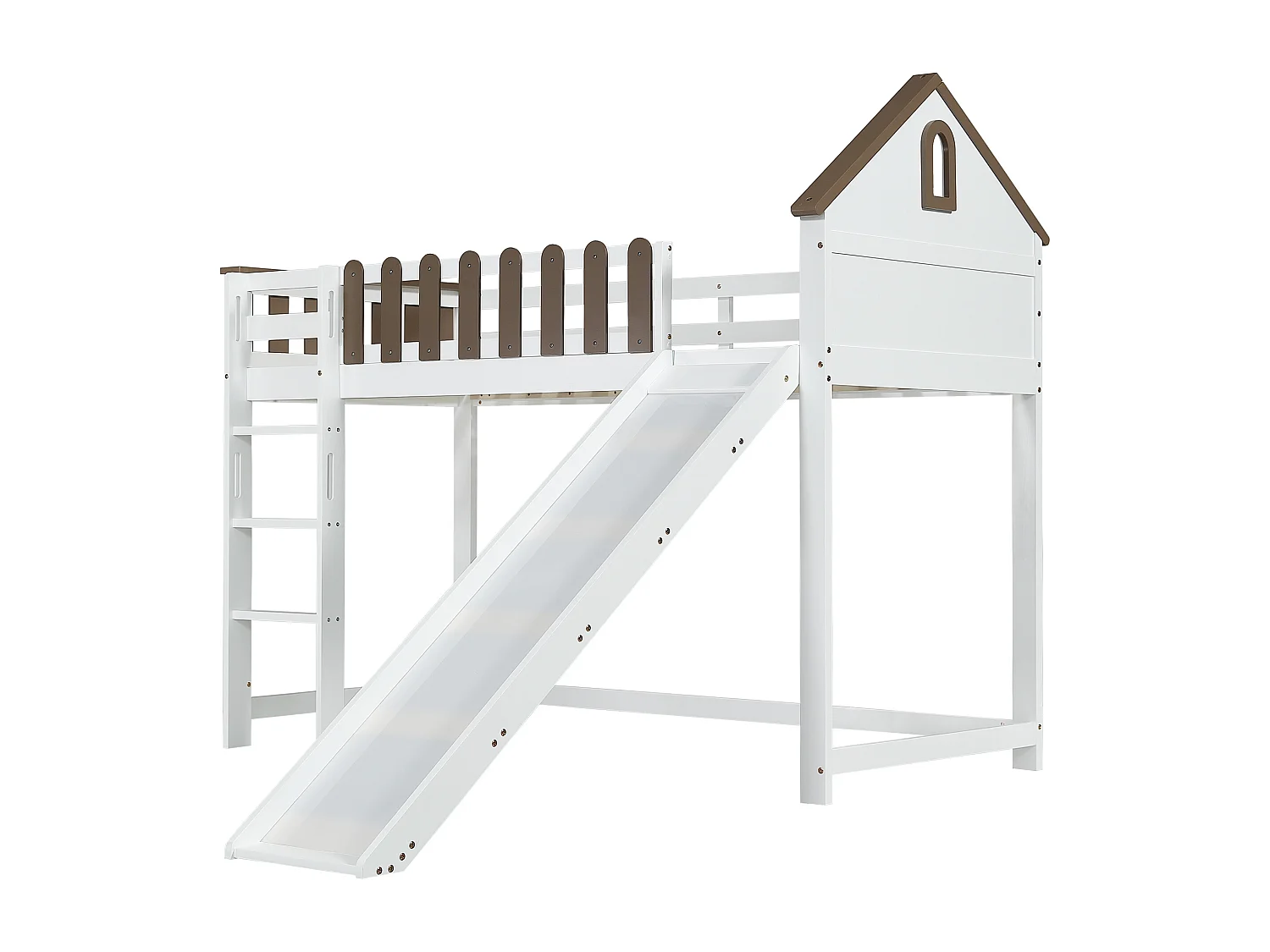 Hoogslaper 90x200 cm met ladder en glijbaan - in grenenhout en MDF - Wit & Bruin