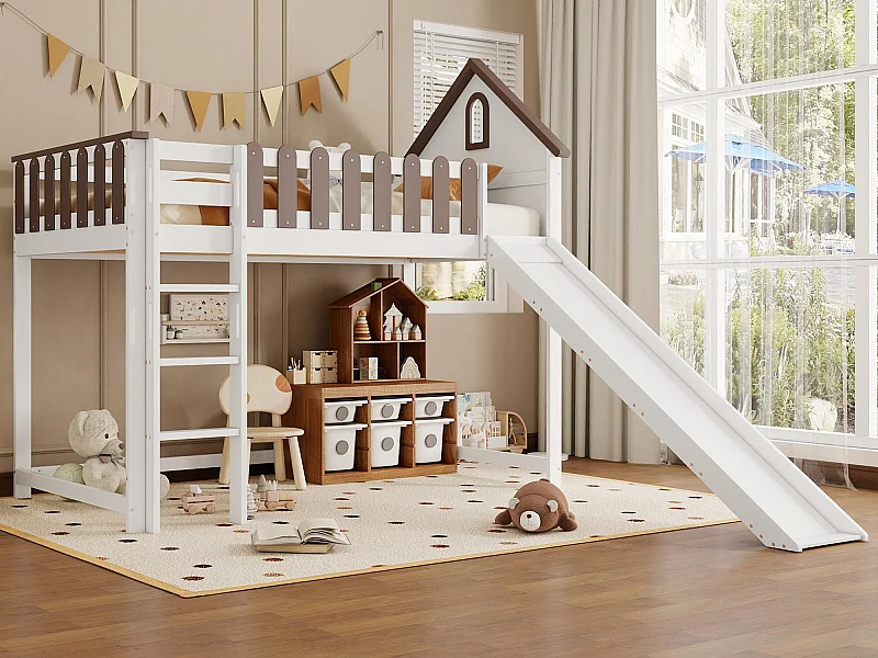 Lit mezzanine 90x200 cm avec échelle et toboggan - en bois de pin et MDF - Blanc & Marron