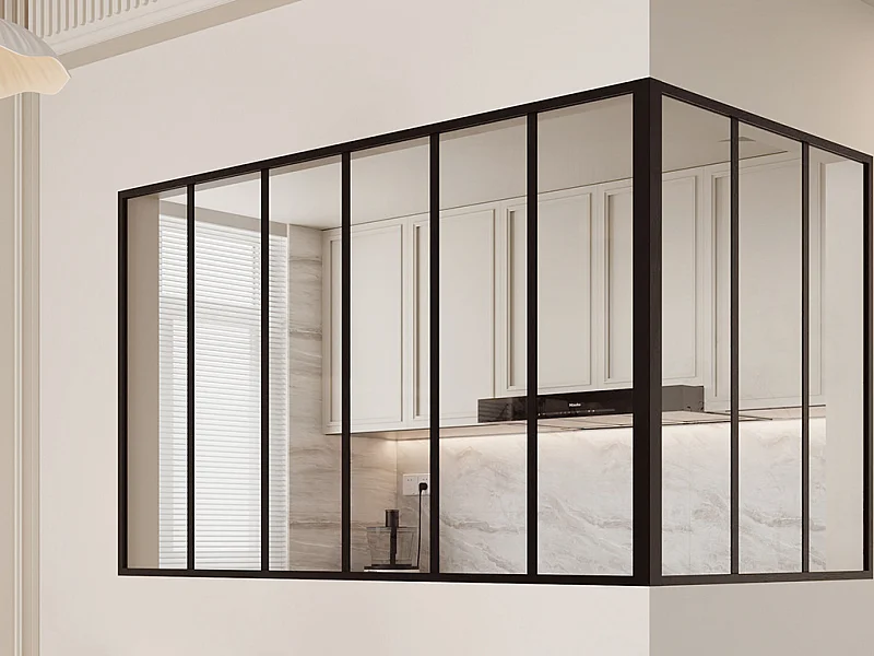 Przeszklona ścianka narożna industrialna z aluminium malowanego proszkowo - szer. 180 x szer. 90 x wys. 105 - Czarny - BAYVIEW