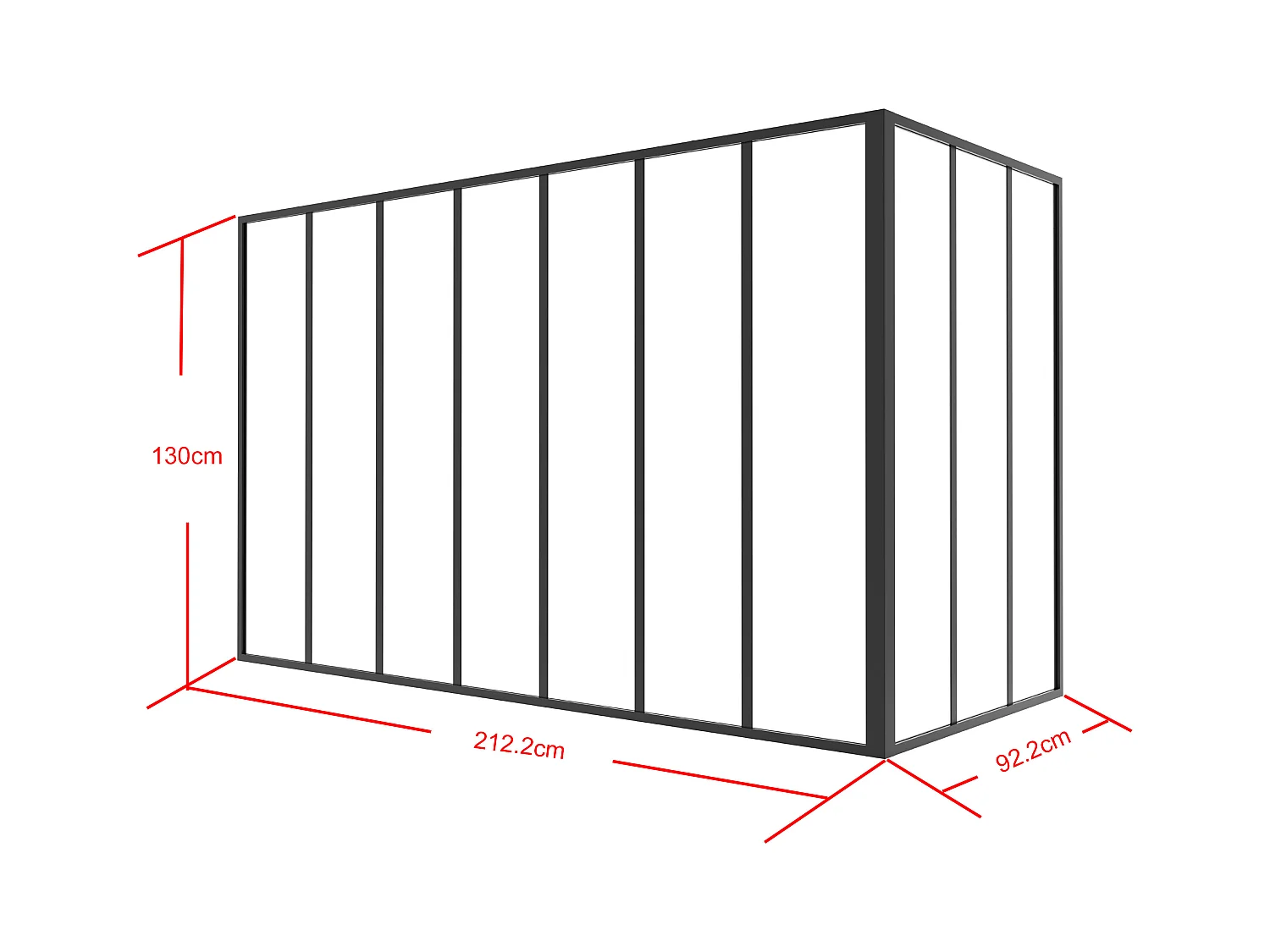 Hjørneindrammet værkstedsvindue i pulverlakeret aluminium - L210 x B90 x H130 - Sort - BAYVIEW