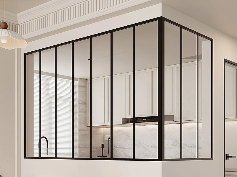 Vetrata angolare L210 x L90 x H130 in Alluminio termolaccato Nero  Stile atelier - BAYVIEW