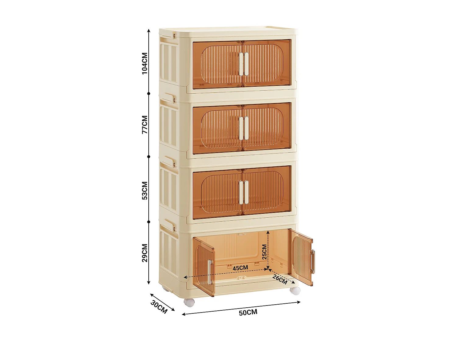 4 Boîte Rangement Plastique, Caisses de Rangement Pliables Transparente, avec 4 roulettes et couvercles - 50x30x104CM