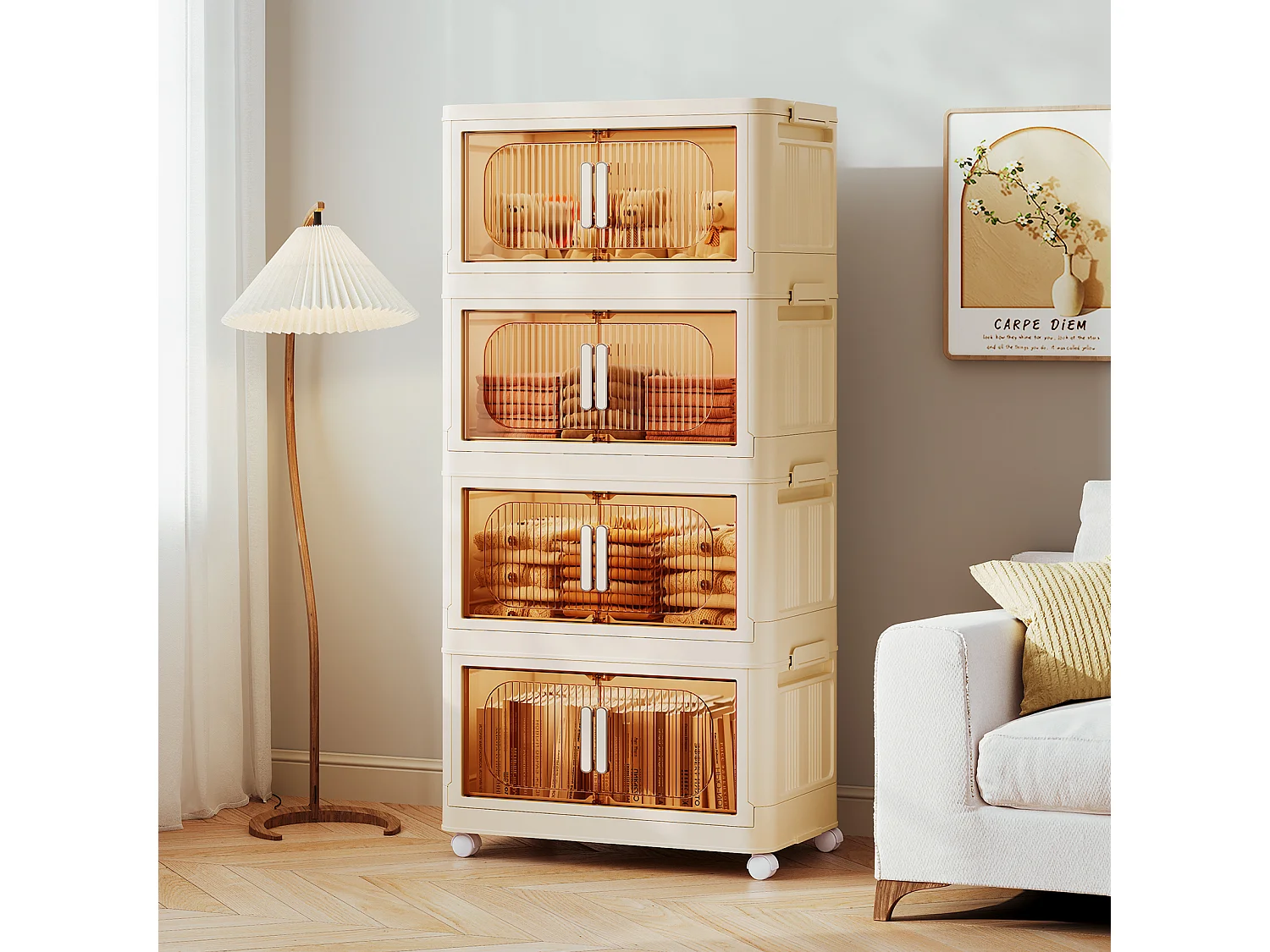 4 Boîte Rangement Plastique, Caisses de Rangement Pliables Transparente, avec 4 roulettes et couvercles - 50x30x104CM