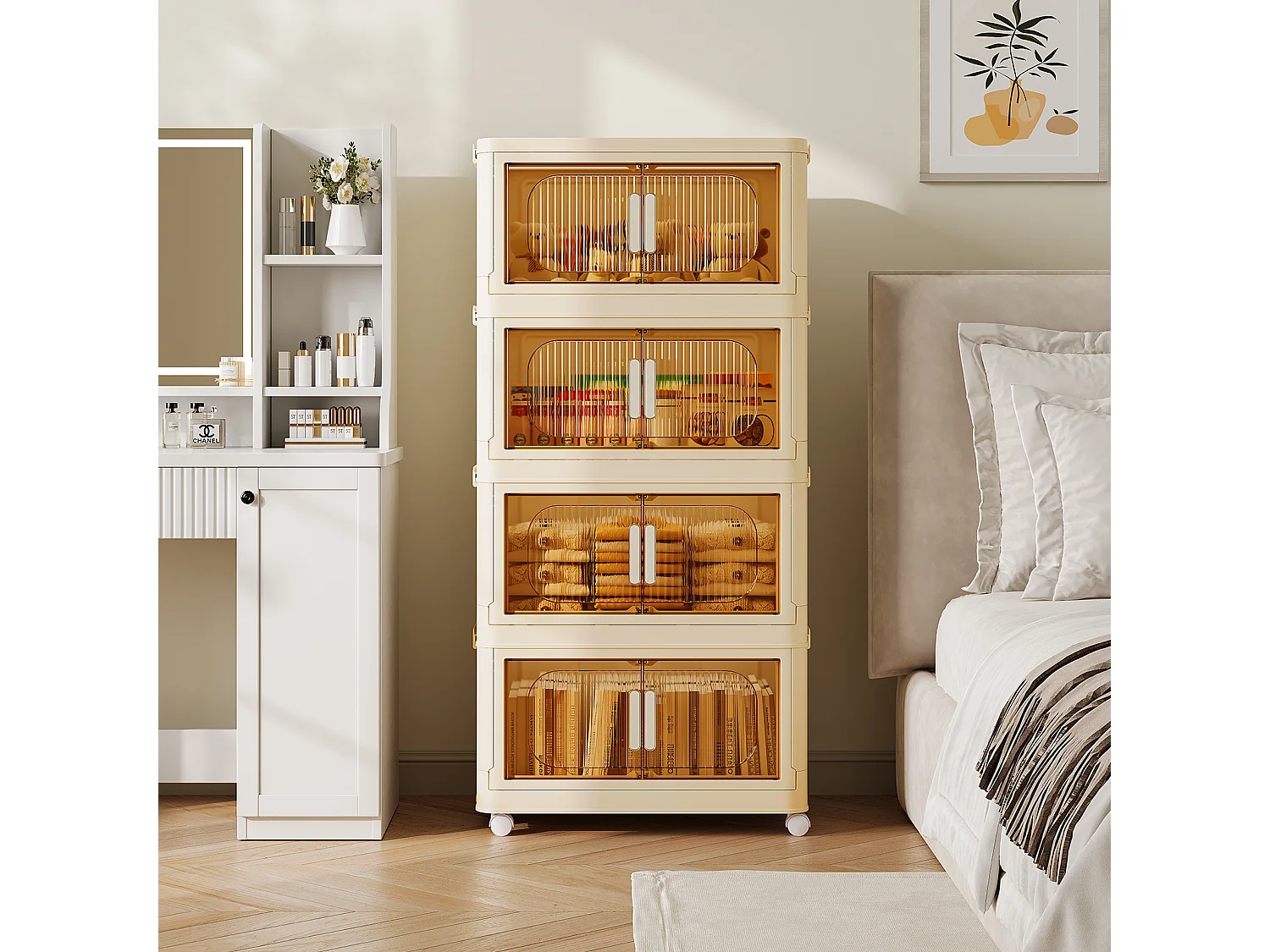 4 Boîte Rangement Plastique, Caisses de Rangement Pliables Transparente, avec 4 roulettes et couvercles - 50x30x104CM