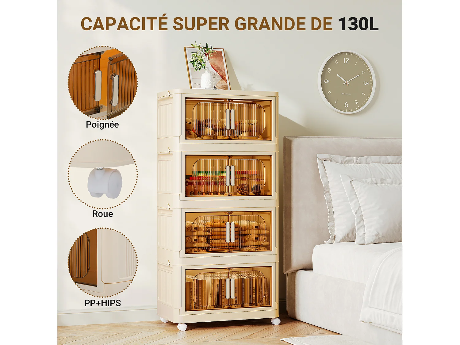 4 Boîte Rangement Plastique, Caisses de Rangement Pliables Transparente, avec 4 roulettes et couvercles - 50x30x104CM