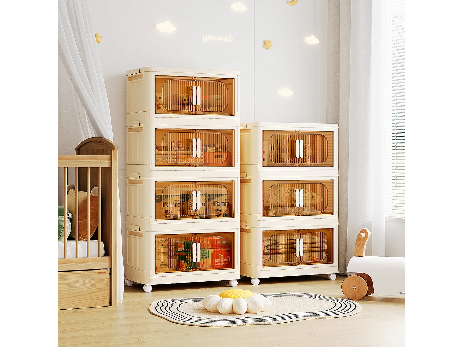 4 Boîte Rangement Plastique, Caisses de Rangement Pliables Transparente, avec 4 roulettes et couvercles - 50x30x104CM