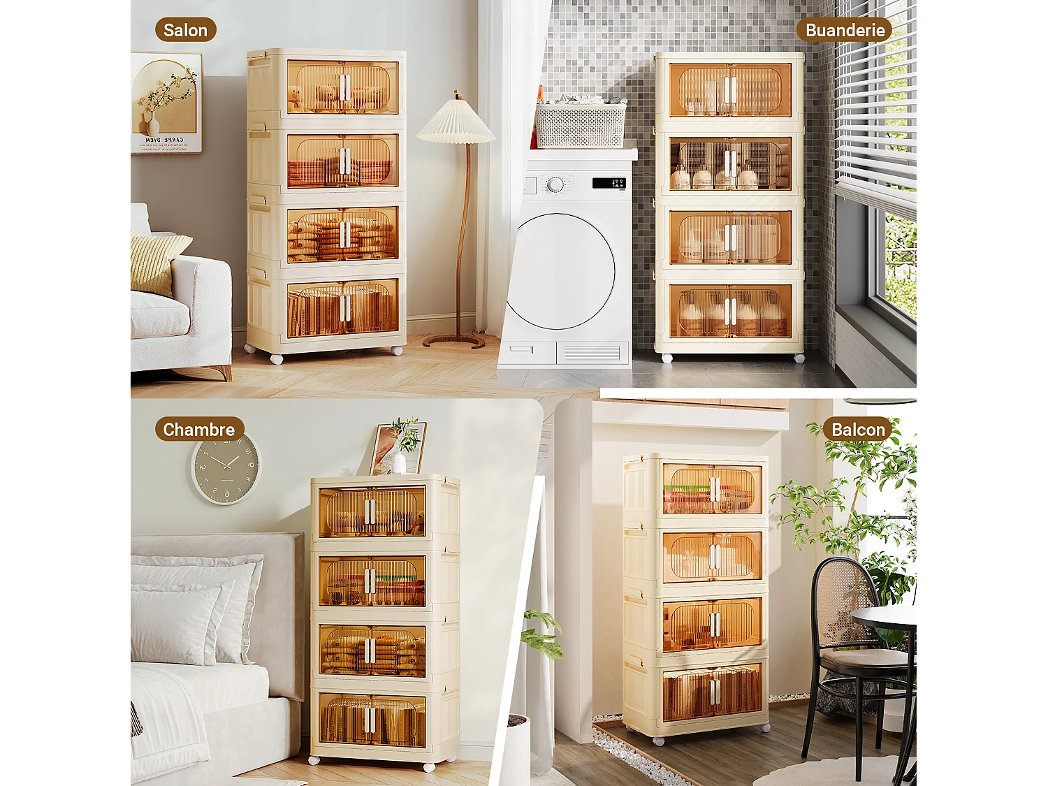 4 Boîte Rangement Plastique, Caisses de Rangement Pliables Transparente, avec 4 roulettes et couvercles - 50x30x104CM