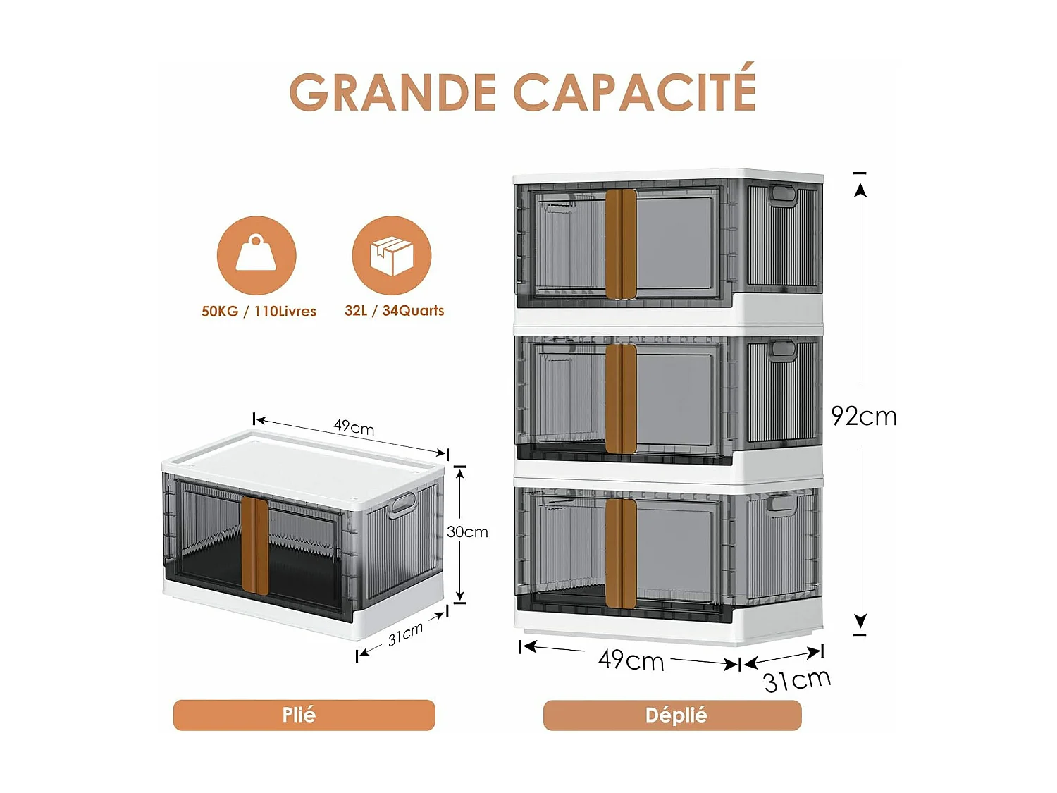 3pcs Boite de Rangement à Roulettes 32L - Caisses de Rangement Transparente - Pliable Empilable Pour Vetements Jouets Livres