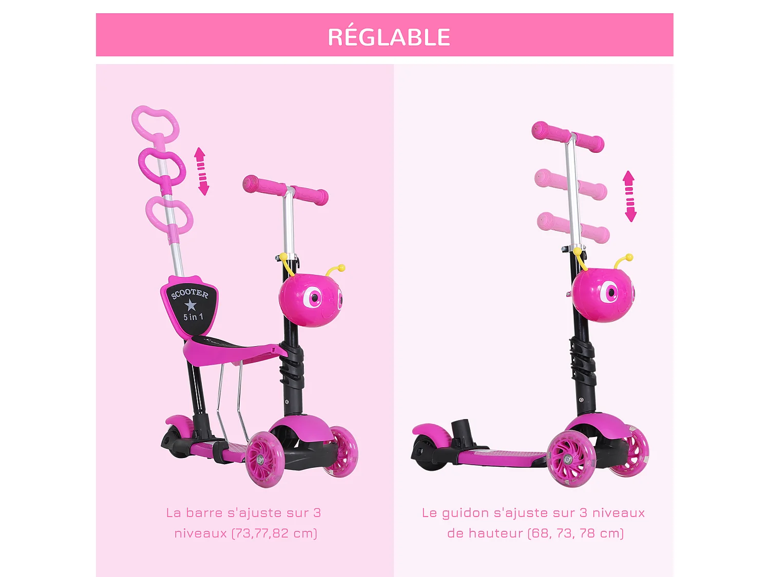 Trottinette pour enfants trottinette 3 roues évolutive 3 en 1 hauteur guidon réglable canne telescopique selle dossier amovible rose