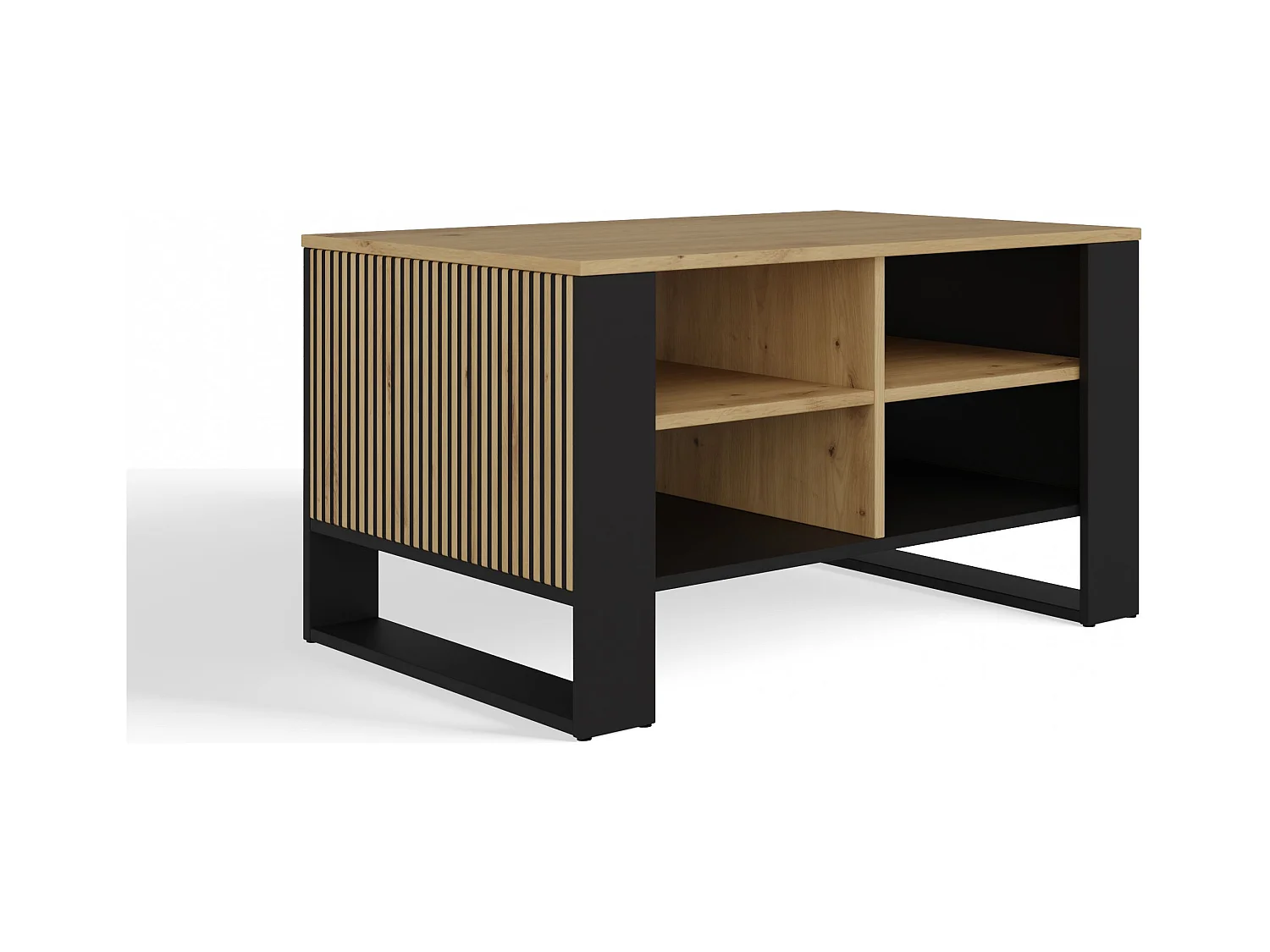 MINI - Table basse rectangulaire industrielle - 90x58x50 - Table basse avec deux étagères effet lattes