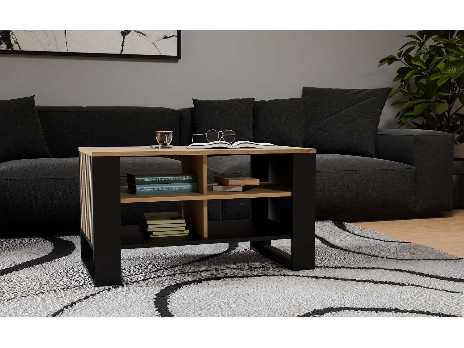 MINI - Table basse rectangulaire industrielle - 90x58x50 - Table basse avec deux étagères effet lattes