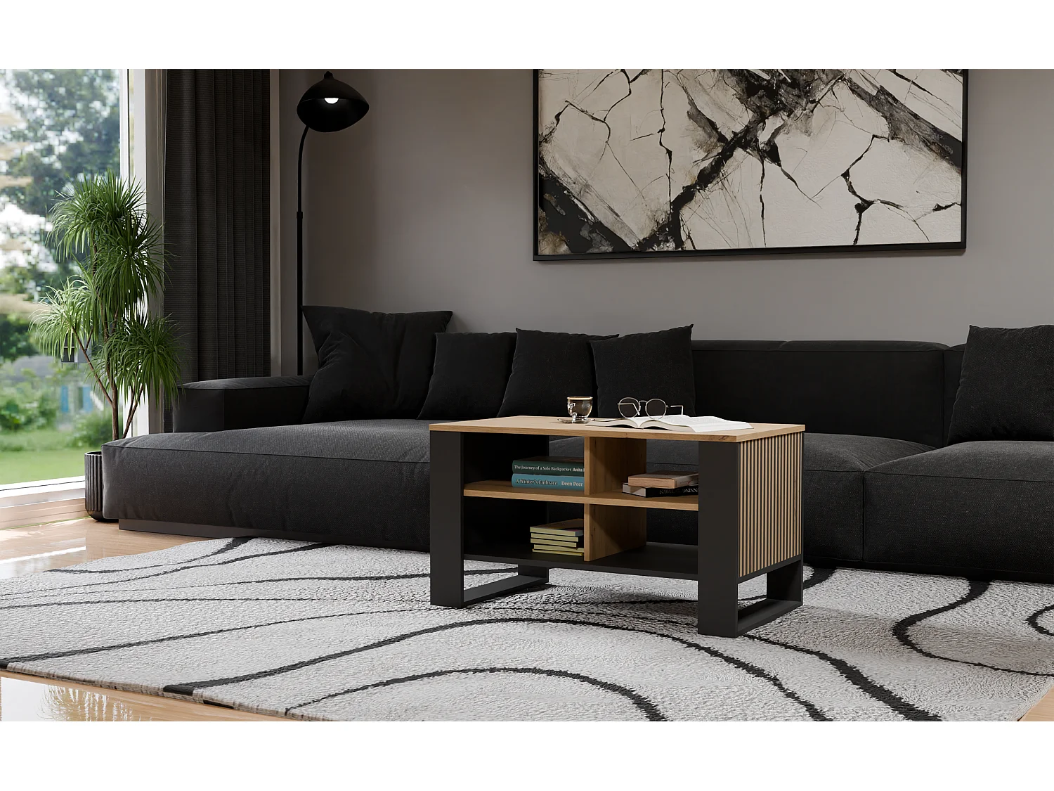 MINI - Table basse rectangulaire industrielle - 90x58x50 - Table basse avec deux étagères effet lattes