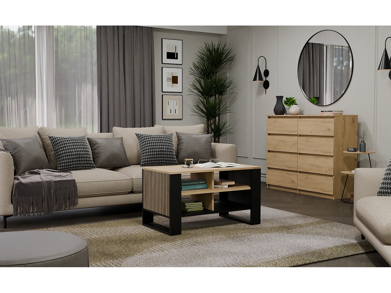 MINI - Table basse rectangulaire industrielle - 90x58x50 - Table basse avec deux étagères effet lattes