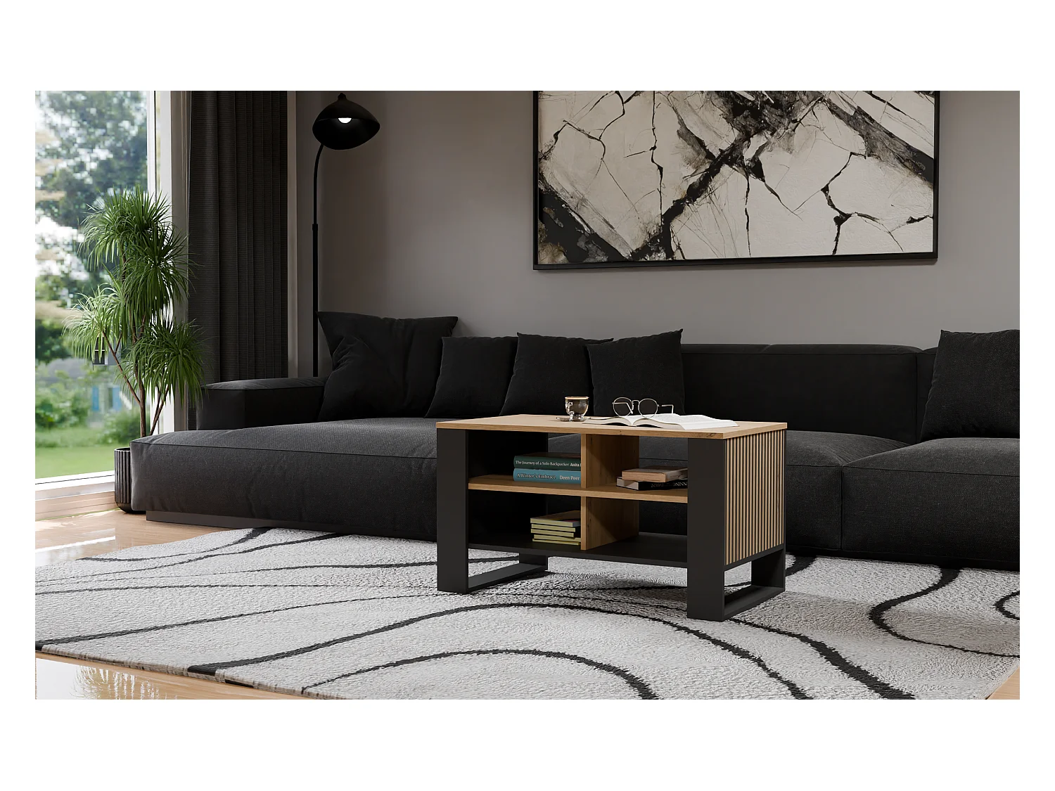 Ława Modern 4P SLIM | Dąb Artisan Czarny | 90x58x50 | Stolik Kawowy