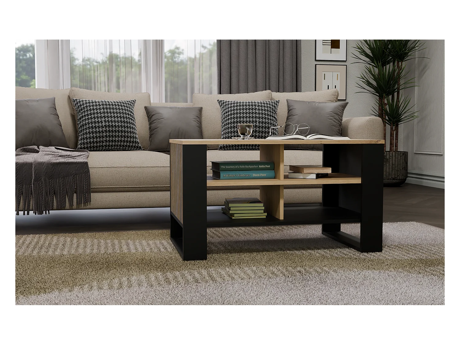 Ława Modern 4P SLIM | Dąb Artisan Czarny | 90x58x50 | Stolik Kawowy