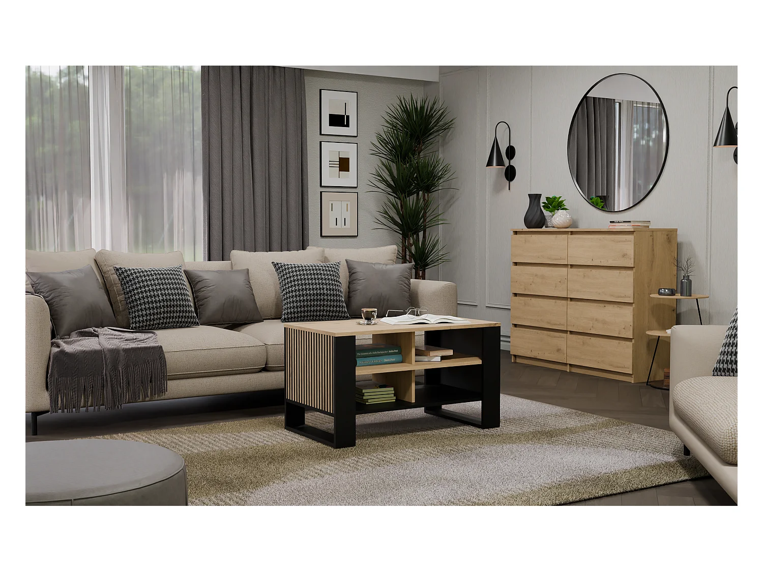 Ława Modern 4P SLIM | Dąb Artisan Czarny | 90x58x50 | Stolik Kawowy