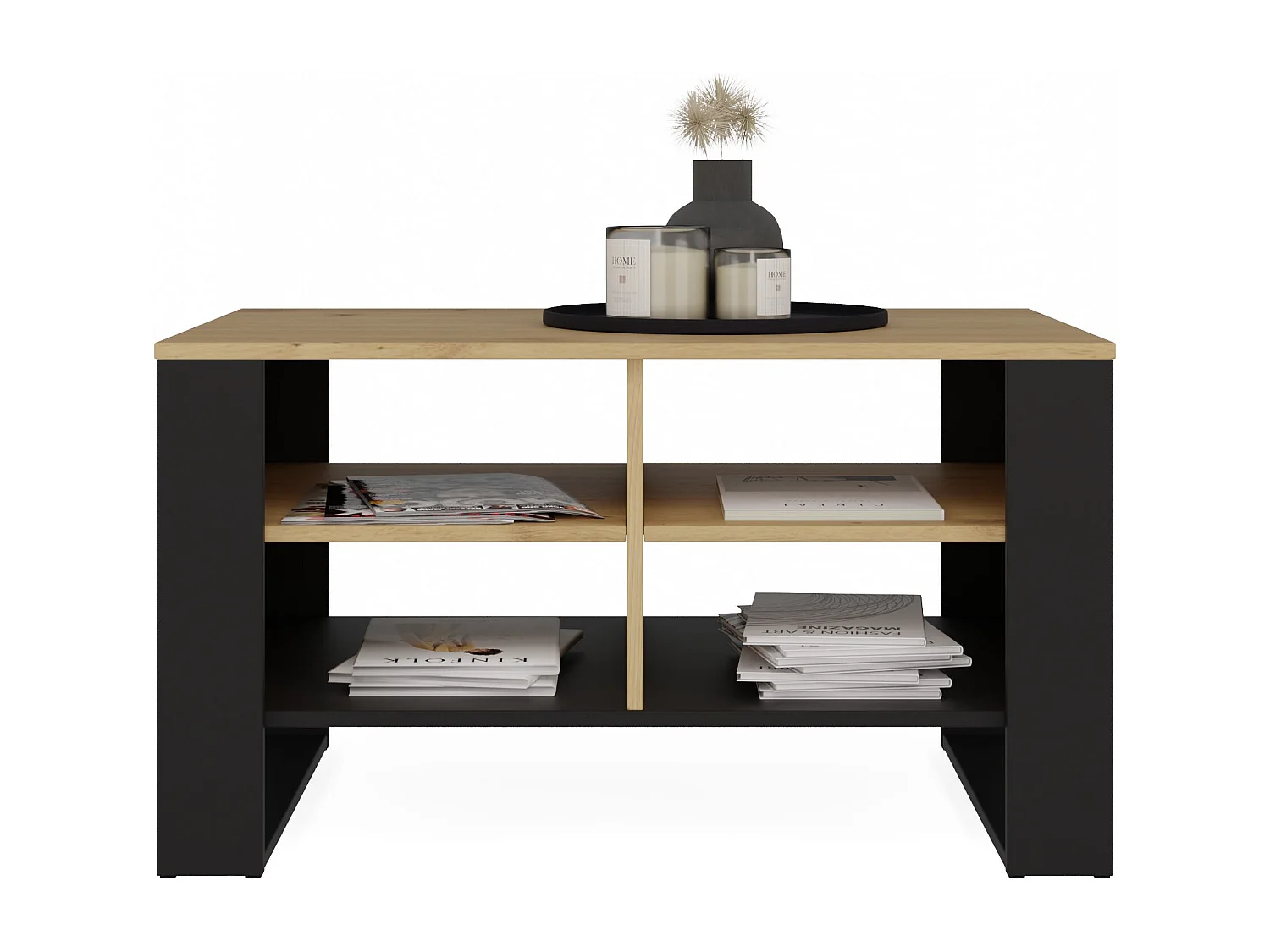 MINI - Table basse rectangulaire industrielle - 90x58x50 - Table basse avec deux étagères effet lattes