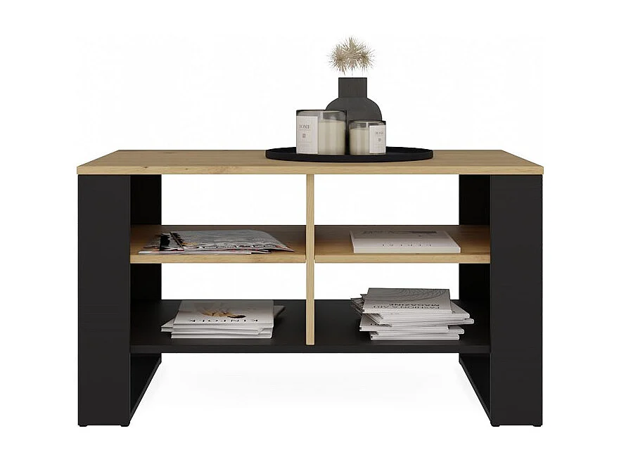 MINI - Table basse rectangulaire industrielle - 90x58x50 - Table basse avec deux étagères effet lattes