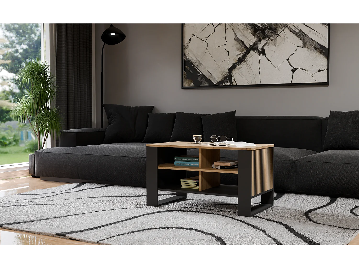 MINI - Tavolino industriale rettangolare - 90x58x50 - Tavolino con due ripiani effetto doghe