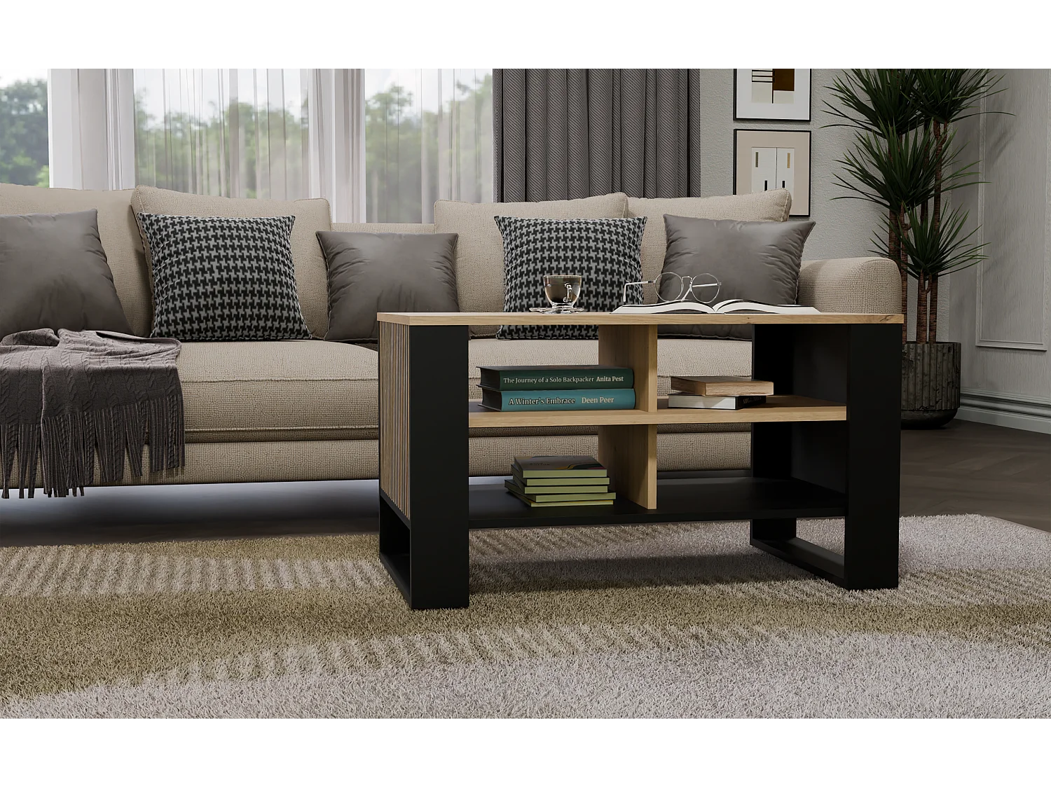 MINI - Tavolino industriale rettangolare - 90x58x50 - Tavolino con due ripiani effetto doghe