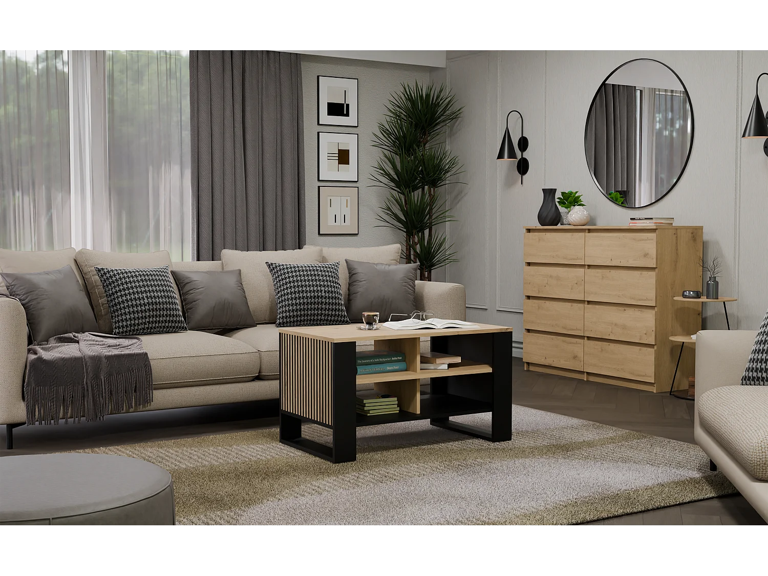 MINI - Tavolino industriale rettangolare - 90x58x50 - Tavolino con due ripiani effetto doghe