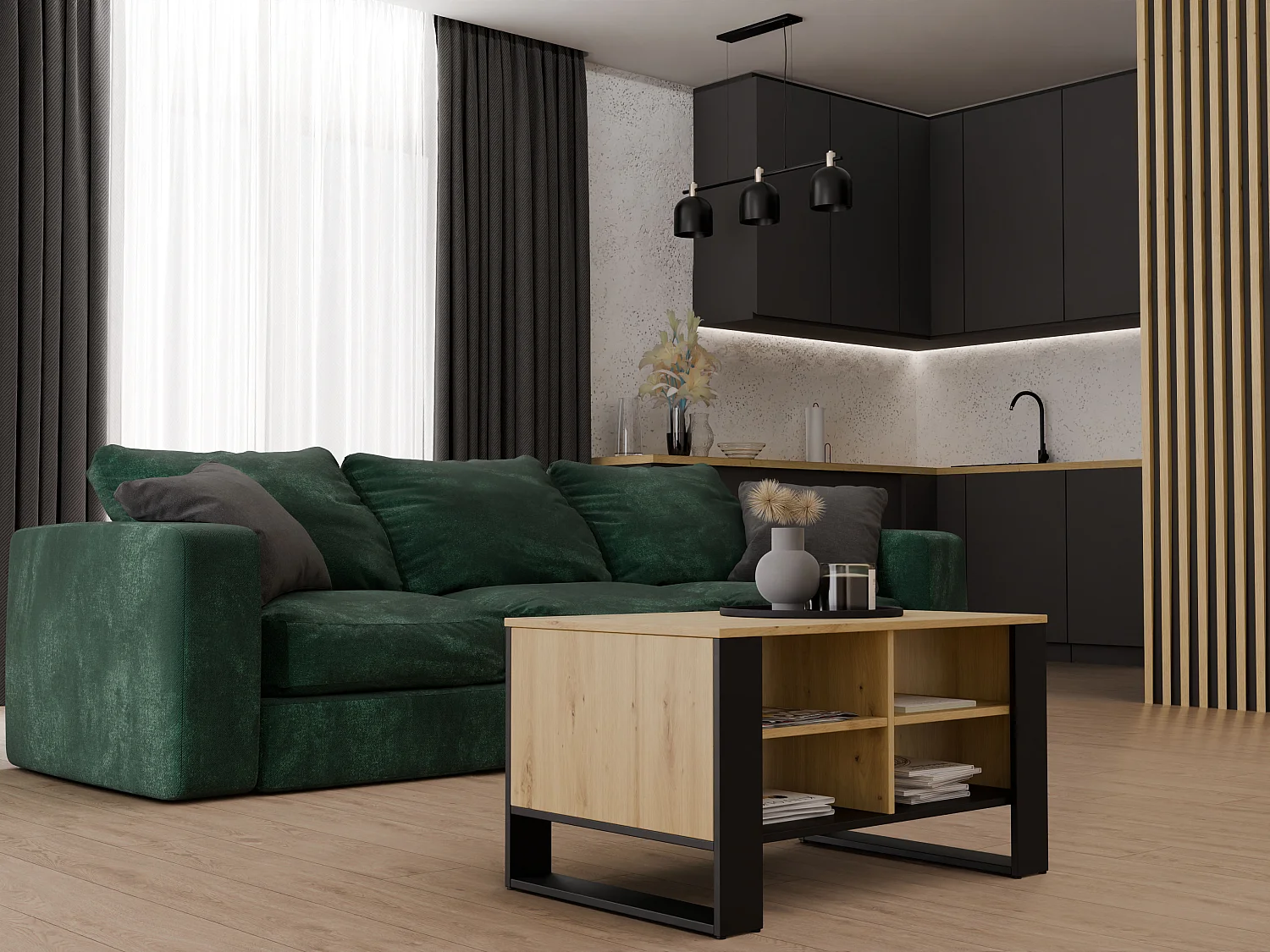 MINI - Table basse rectangulaire industrielle - 90x58x50 - Table basse avec deux étagères