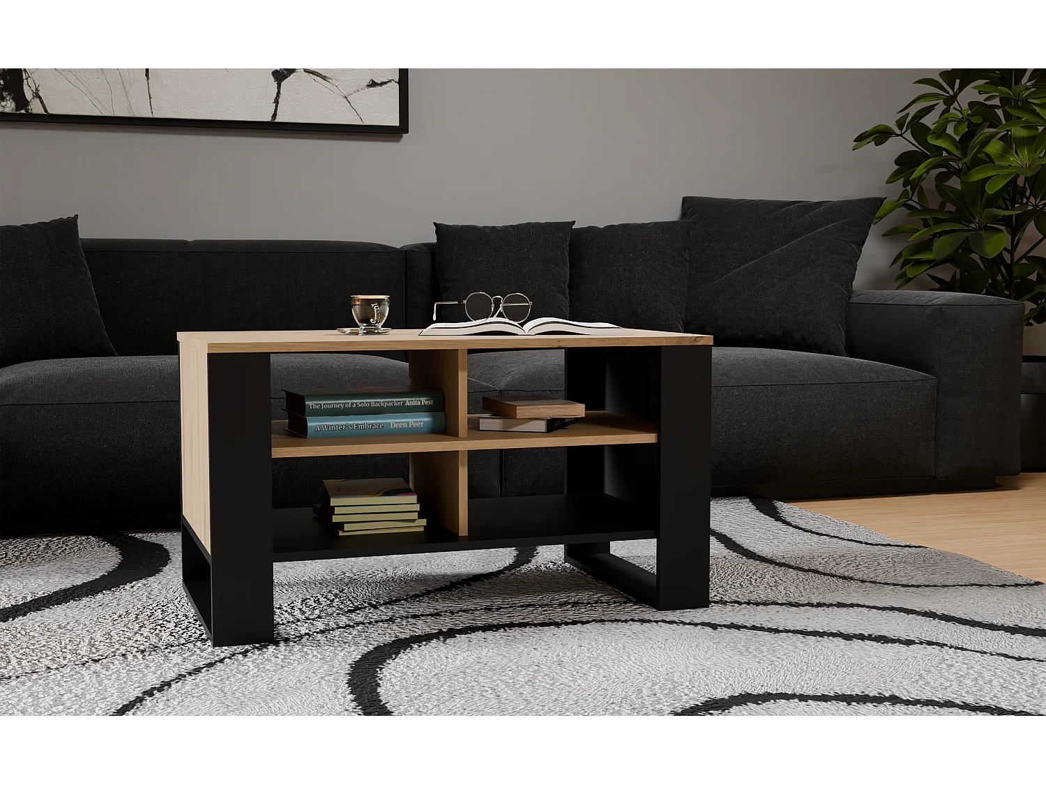 MINI - Table basse rectangulaire industrielle - 90x58x50 - Table basse avec deux étagères