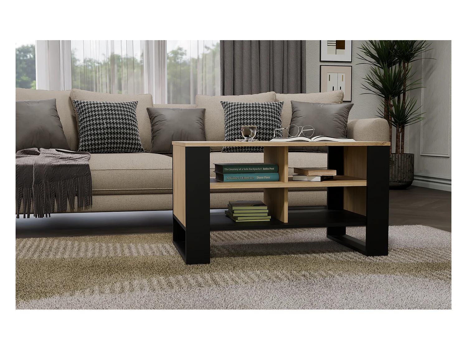 Model Stolik Modern 4P | Dąb Artisan Czarny | 90x58x50cm | Ława Kawowa