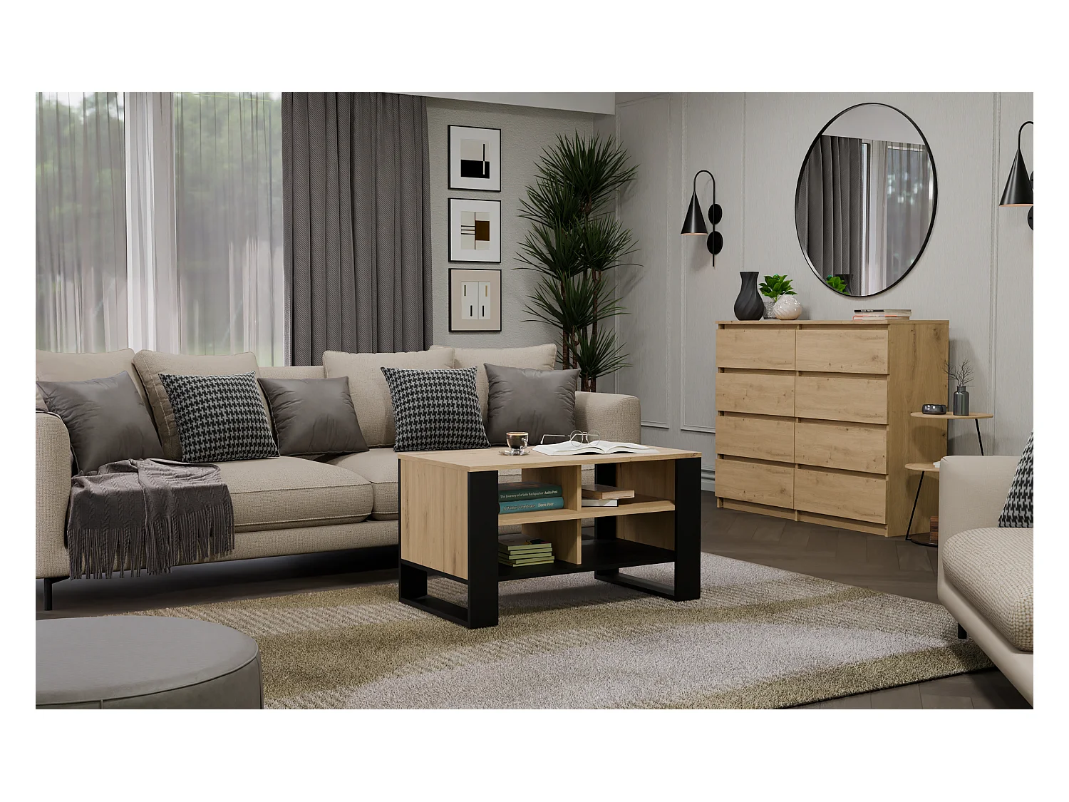 Model Stolik Modern 4P | Dąb Artisan Czarny | 90x58x50cm | Ława Kawowa