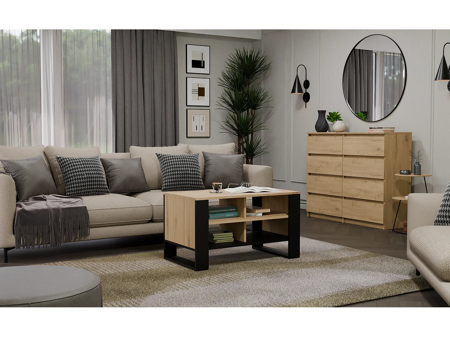 MINI - Table basse rectangulaire industrielle - 90x58x50 - Table basse avec deux étagères