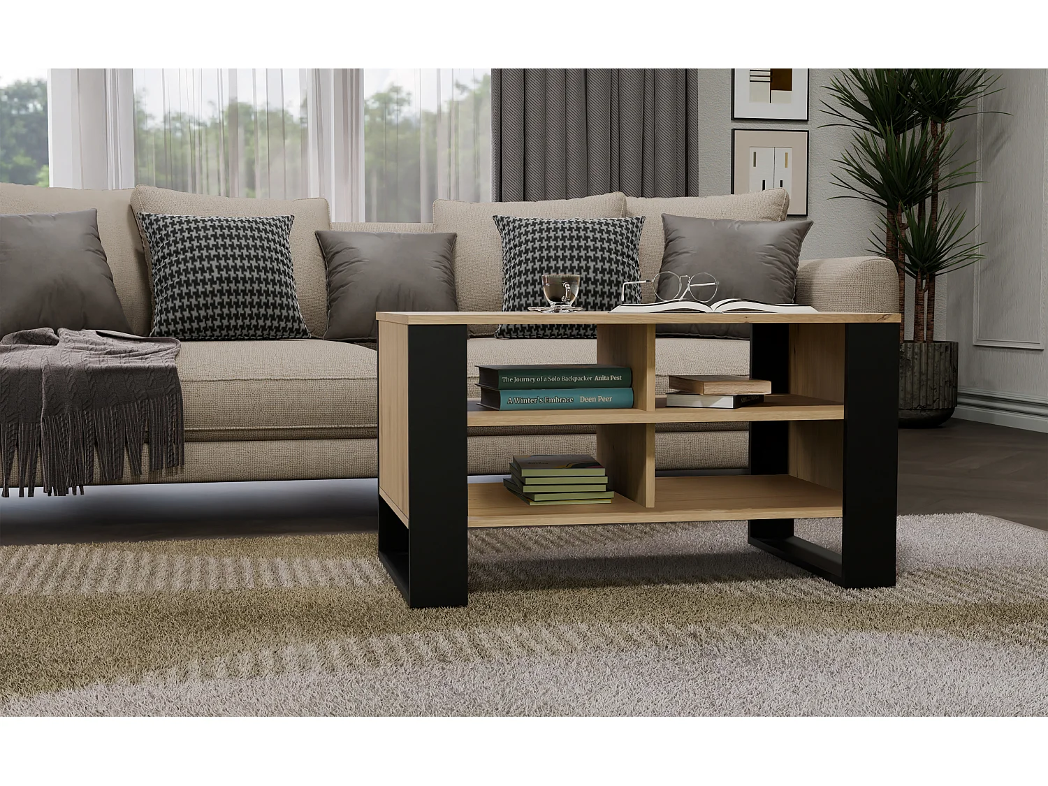 Model Stolik Modern 4P | Dąb Artisan Czarny | 90x58x50cm | Ława Kawowa