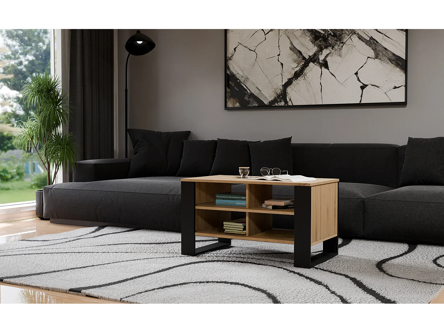 Model Stolik Modern 4P | Dąb Artisan Czarny | 90x58x50cm | Ława Kawowa