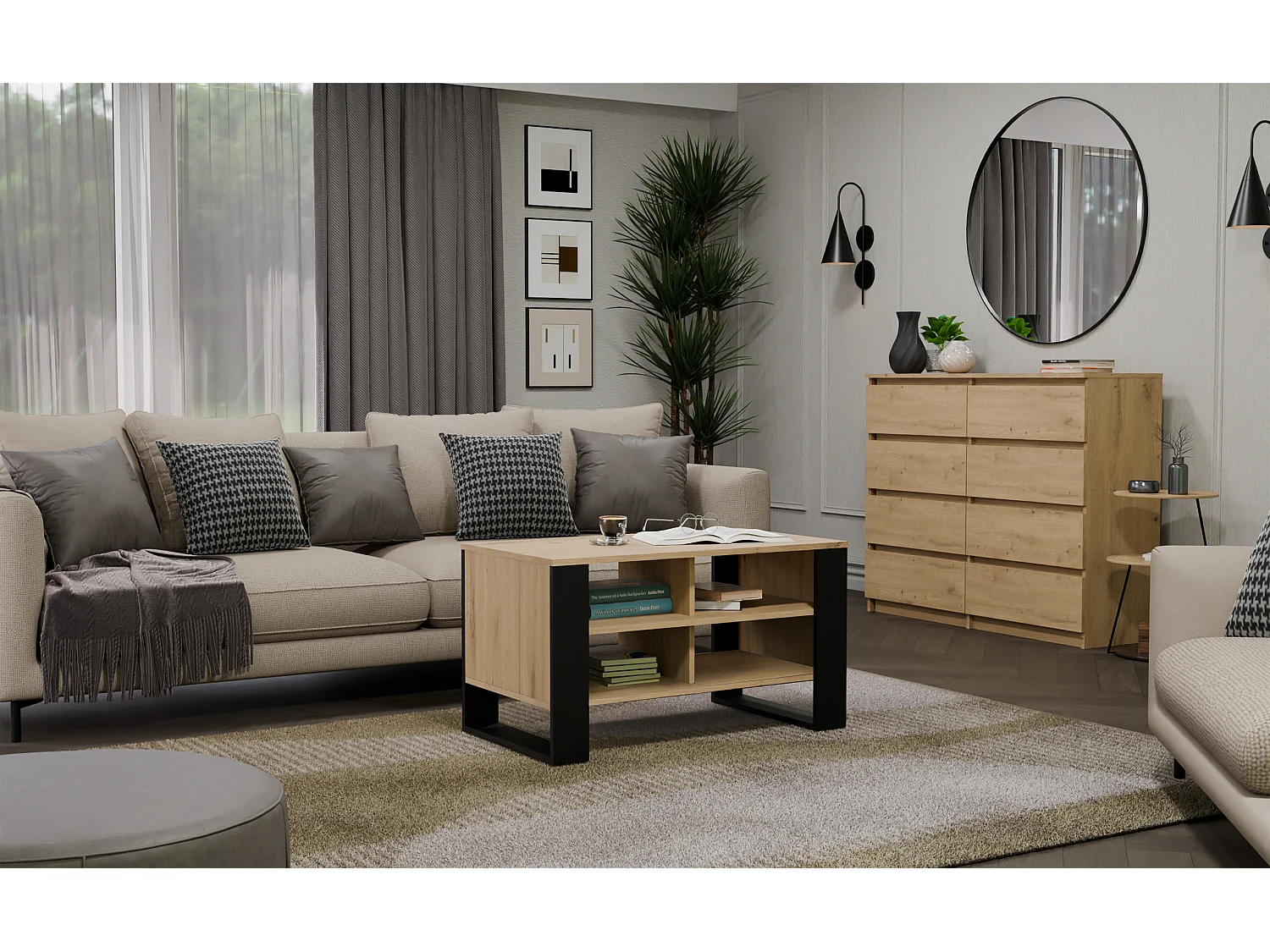 Model Stolik Modern 4P | Dąb Artisan Czarny | 90x58x50cm | Ława Kawowa