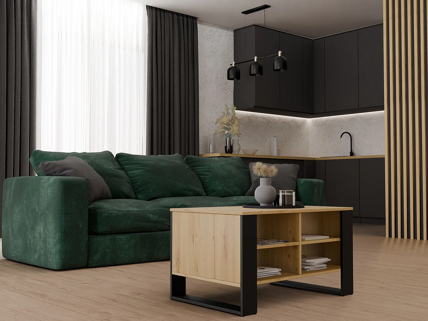 Model Stolik Modern 4P | Dąb Artisan Czarny | 90x58x50cm | Ława Kawowa