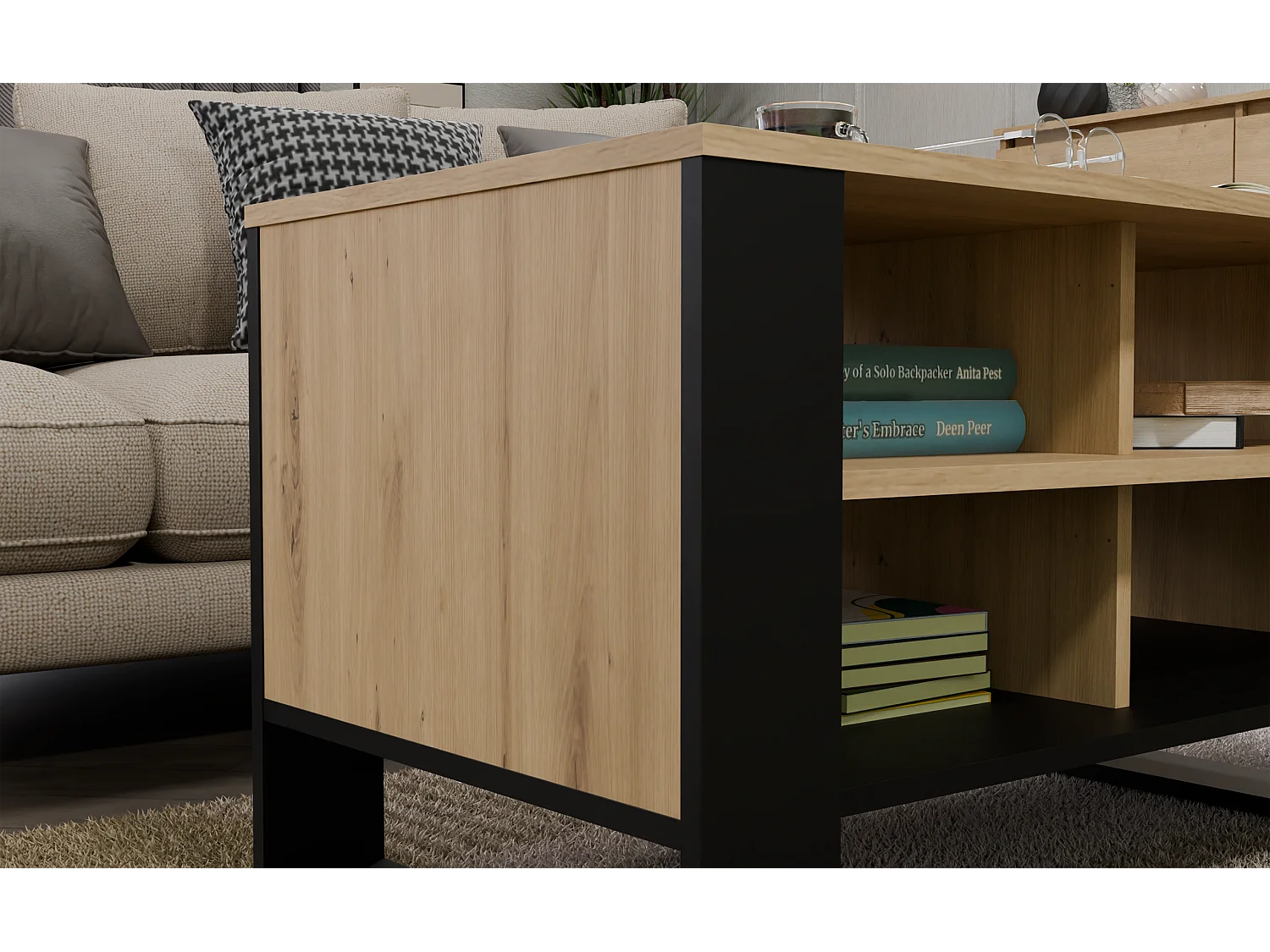 Model Stolik Modern 4P | Dąb Artisan Czarny | 90x58x50cm | Ława Kawowa
