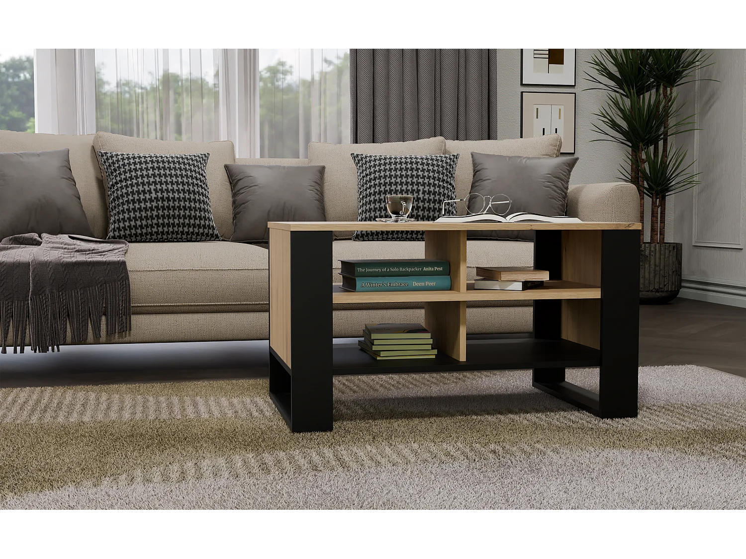 Model Stolik Modern 4P | Dąb Artisan Czarny | 90x58x50cm | Ława Kawowa