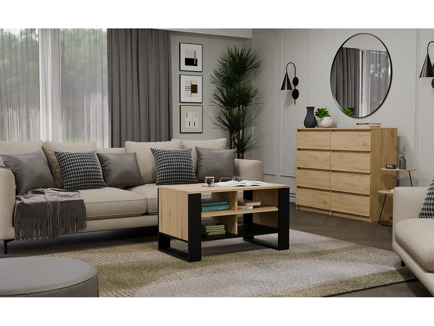 Model Stolik Modern 4P | Dąb Artisan Czarny | 90x58x50cm | Ława Kawowa