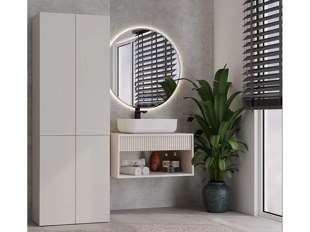 RORY - Armoire de salle de bain avec panier - Dimensions 174x60x30 - Meuble de rangement salle de bain espace buanderie - Beige