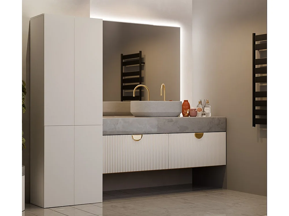 RORY - Armoire de salle de bain avec panier - Dimensions 174x60x30 - Meuble de rangement salle de bain espace buanderie - Beige