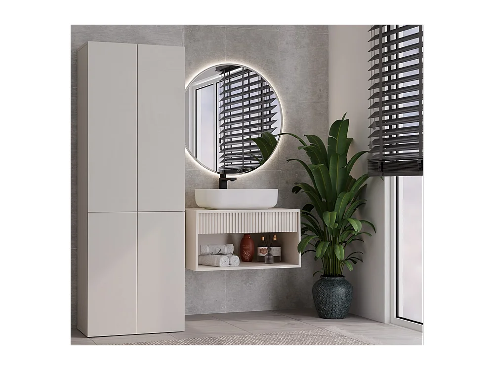 RORY - Armoire de salle de bain avec panier - Dimensions 174x60x30 - Meuble de rangement salle de bain espace buanderie - Beige
