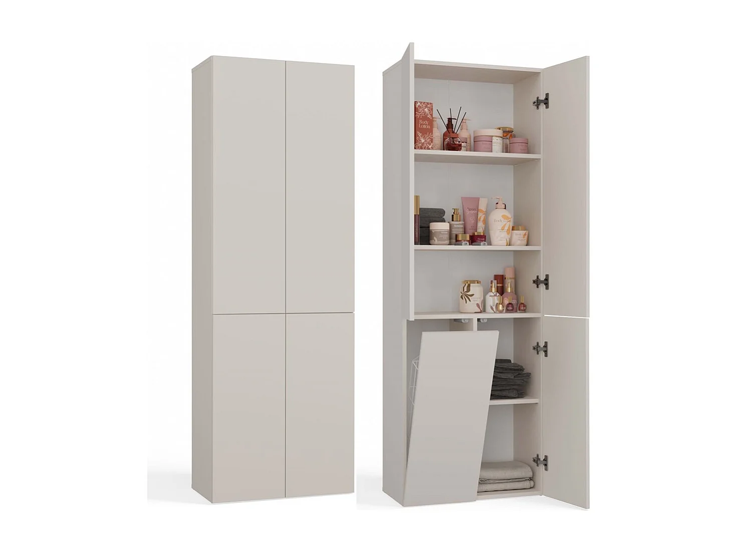 RORY - Armoire de salle de bain avec panier - Dimensions 174x60x30 - Meuble de rangement salle de bain espace buanderie - Beige