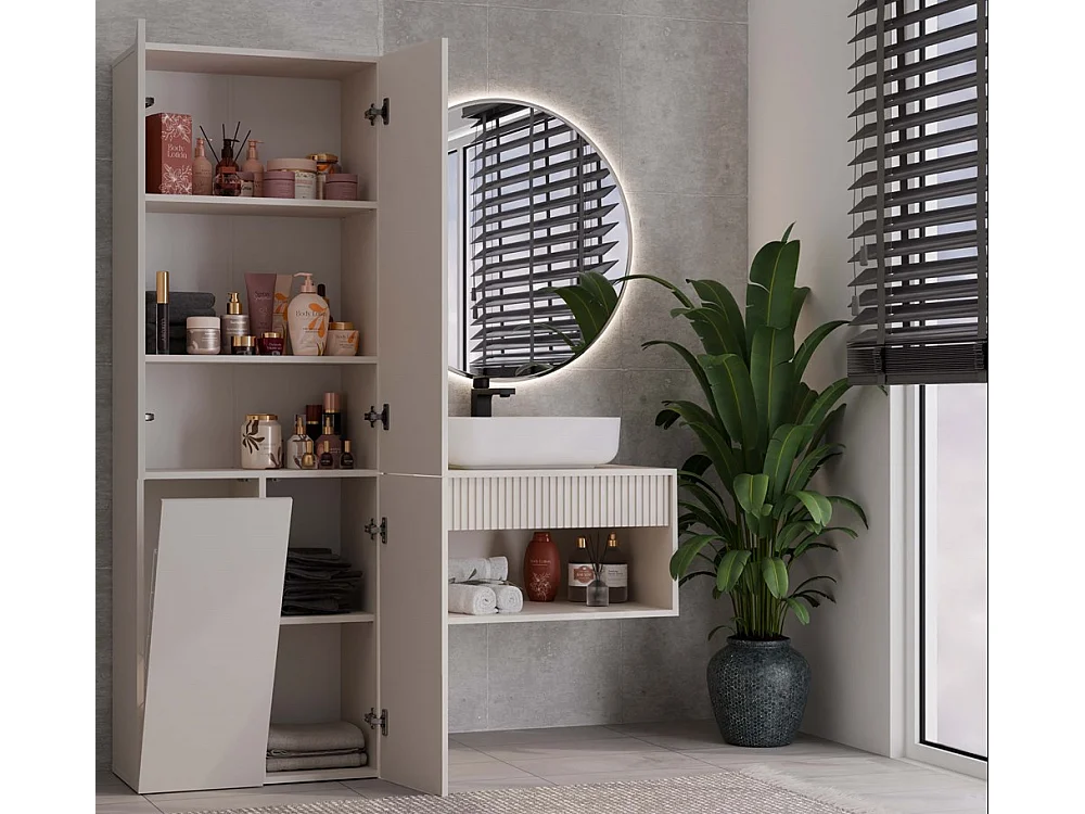 RORY - Armoire de salle de bain avec panier - Dimensions 174x60x30 - Meuble de rangement salle de bain espace buanderie - Beige