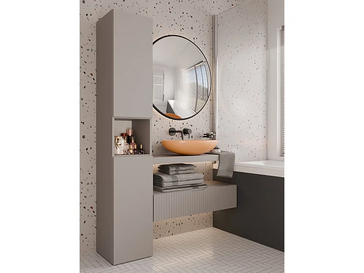 HORTI - Meuble salle de bain avec panier à linge - 31x30x174 cm - Colonne rangement SDB - Gris
