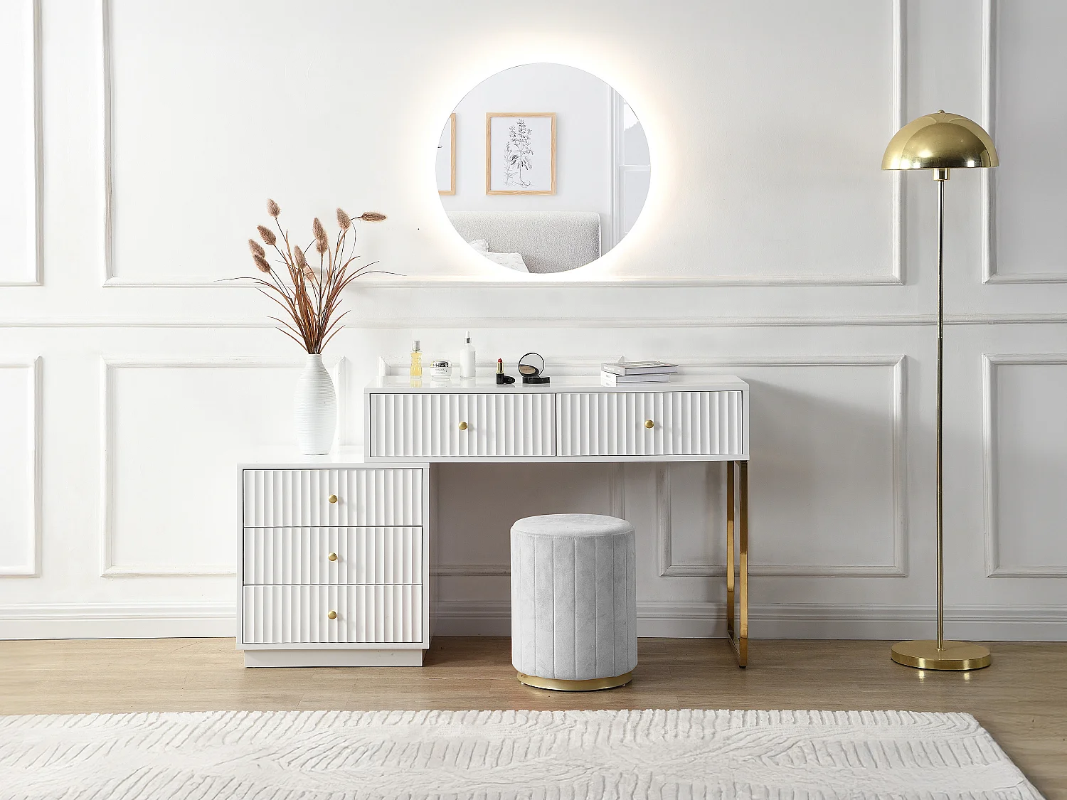 Coiffeuse avec miroir - 5 tiroirs - Blanc et doré - PEROLIA