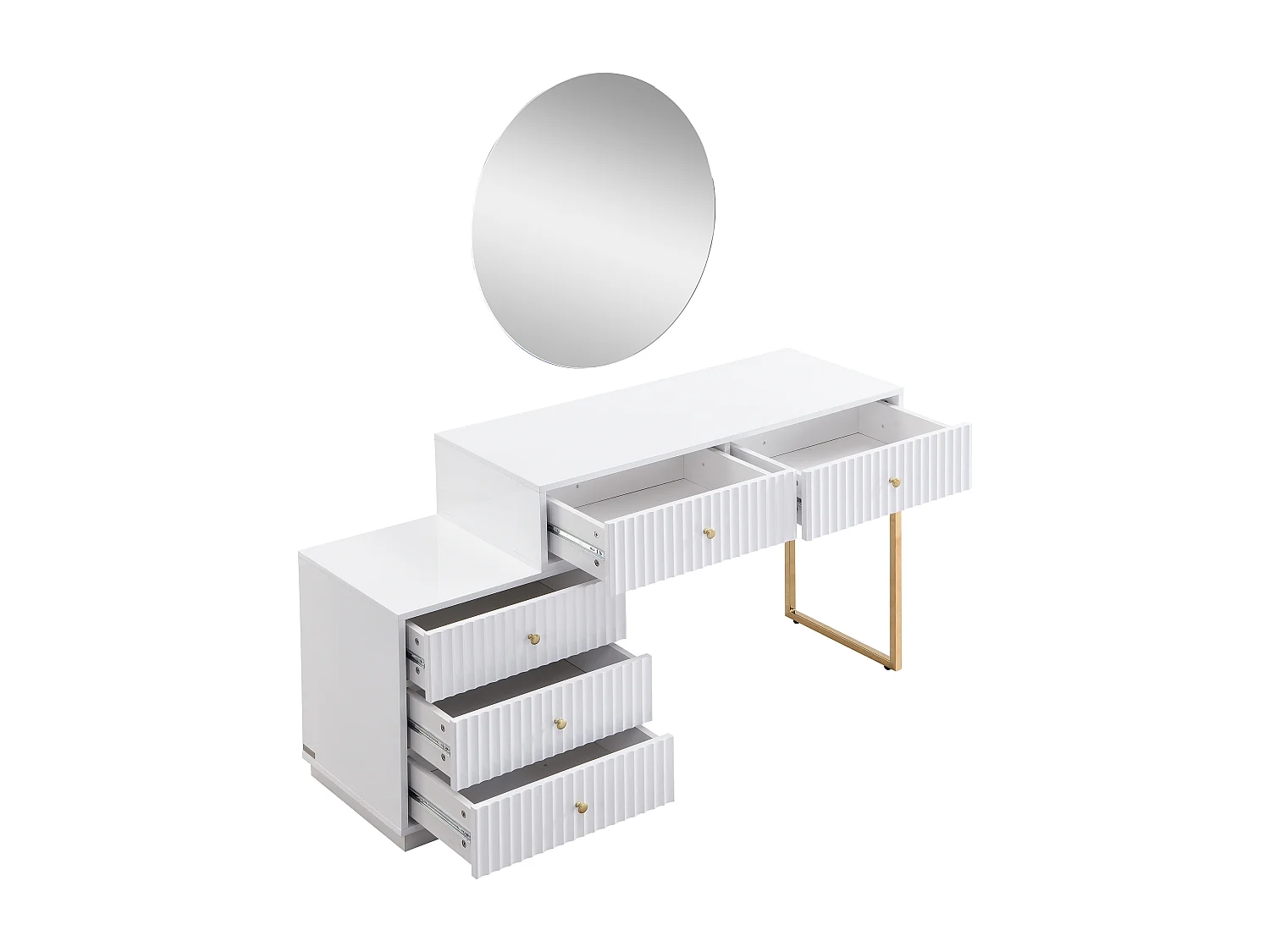 Coiffeuse avec miroir - 5 tiroirs - Blanc et doré - PEROLIA